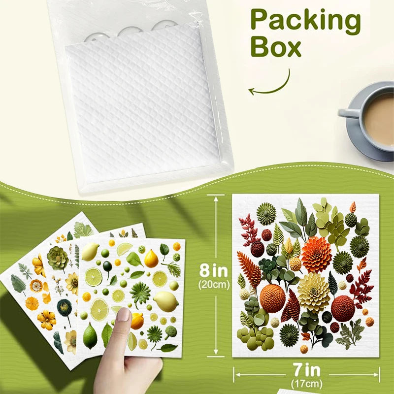 6PCS Swedish Dishcloths Eco-Friendly Kitchen Rags Absorbent Dish Towels Reusable Washable Leaves Flowers Print Cleaning Cloth