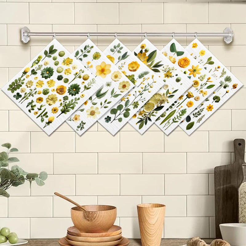 6PCS Green Leaves Printed Swedish Dishcloths Eco-Friendly Kitchen Rags Absorbent Dish Towels Reusable Washable Cleaning Cloths