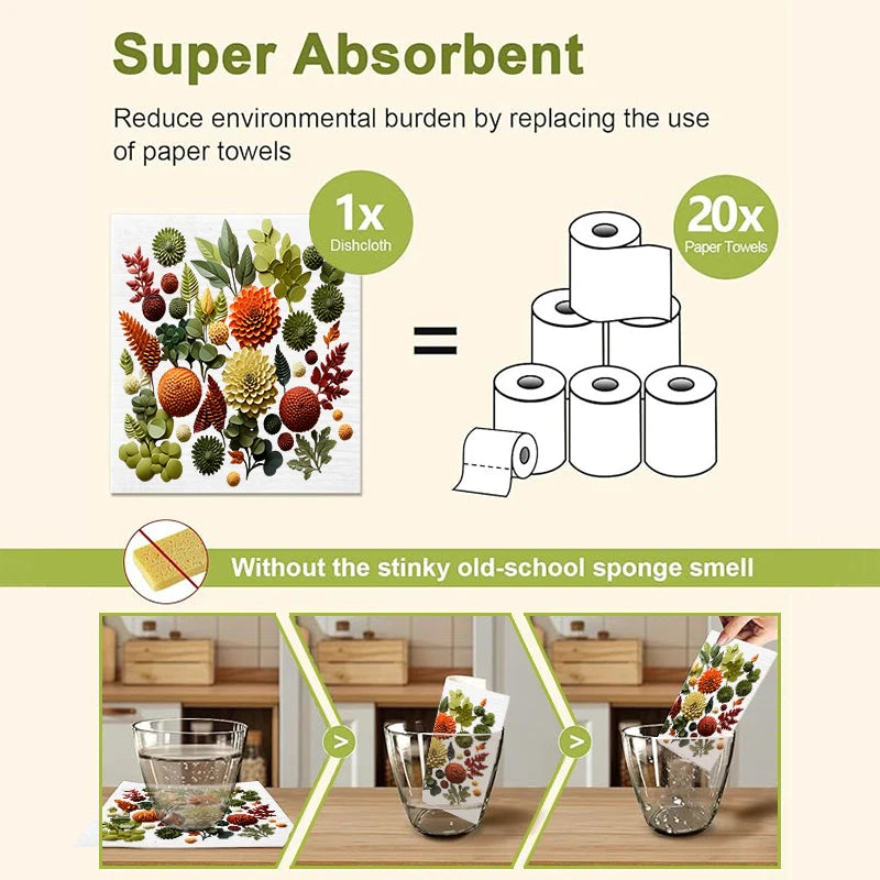 6PCS Swedish Dishcloths Eco-Friendly Kitchen Rags Absorbent Dish Towels Reusable Washable Leaves Flowers Print Cleaning Cloth