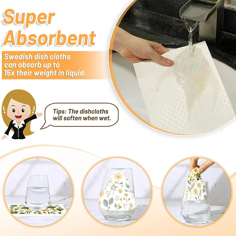 6PCS Green Leaves Printed Swedish Dishcloths Eco-Friendly Kitchen Rags Absorbent Dish Towels Reusable Washable Cleaning Cloths