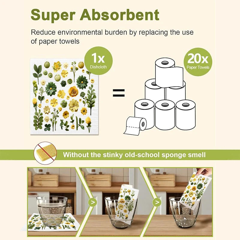 6PCS Green Leaves Printed Swedish Dishcloths Eco-Friendly Kitchen Rags Absorbent Dish Towels Reusable Washable Cleaning Cloths