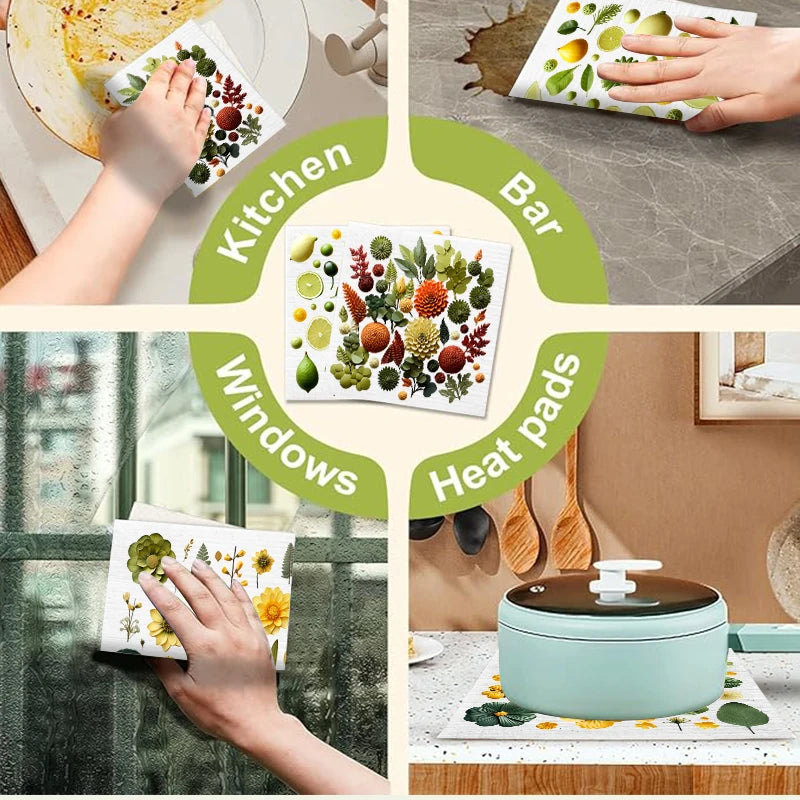 6PCS Swedish Dishcloths Eco-Friendly Kitchen Rags Absorbent Dish Towels Reusable Washable Leaves Flowers Print Cleaning Cloth