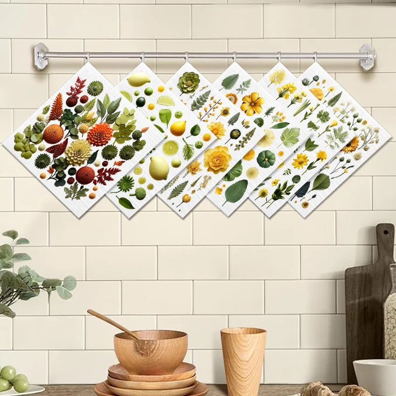6PCS Swedish Dishcloths Eco-Friendly Kitchen Rags Absorbent Dish Towels Reusable Washable Leaves Flowers Print Cleaning Cloth